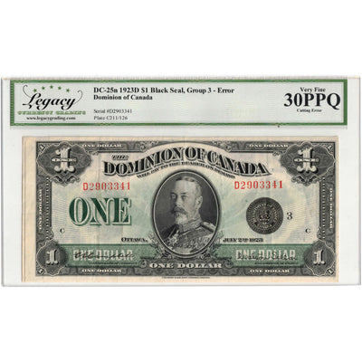 SOLD $1 1923 Dominion of Canada Note Black Seal Series D DC-25n - Legacy VF-30 Cutting Error