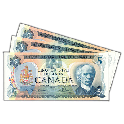 SOLD $5 1979 Bank of Canada Notes Lawson-Bouey BC-53a - 3 Consecutive Ch UNC
