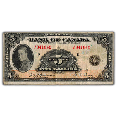 SOLD $5 1935 Bank of Canada Note English Text BC-5 - Fine