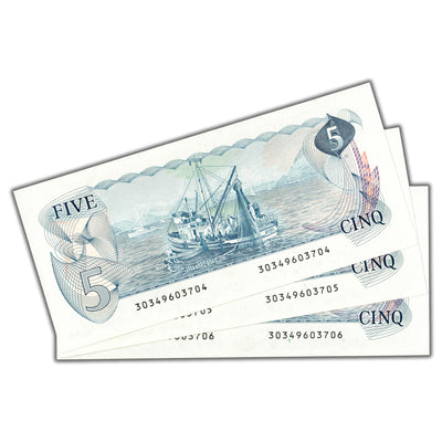 SOLD $5 1979 Bank of Canada Notes Lawson-Bouey BC-53a - 3 Consecutive Ch UNC