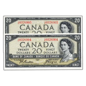 SOLD $20 1954 Bank of Canada Note I/E Prefix BC-41a - 2 Consecutive AU/UNC