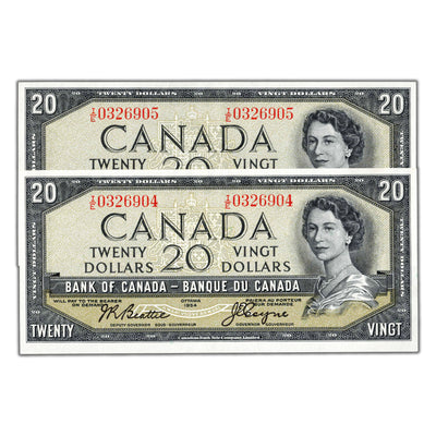 SOLD $20 1954 Bank of Canada Note I/E Prefix BC-41a - 2 Consecutive AU/UNC