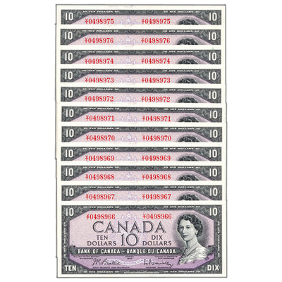 SOLD $10 1954 Bank of Canada Notes V/T Prefix BC-40b - 11 Consecutive (10XUNC, 1XAU)