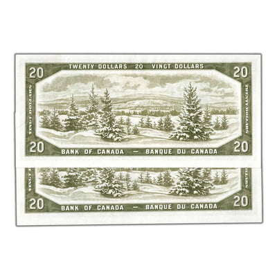 SOLD $20 1954 Bank of Canada Note I/E Prefix BC-41a - 2 Consecutive AU/UNC