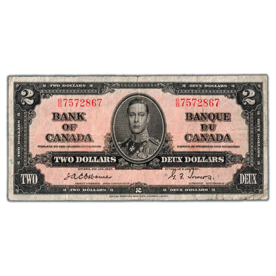 $2 1937 Bank of Canada Note Osborne Signature B/B Prefix BC-22a - Fine