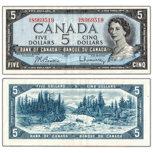 SOLD $5 1954 Bank of Canada Note Beattie-Rasminsky G/X Prefix BC-39b - VF/EF