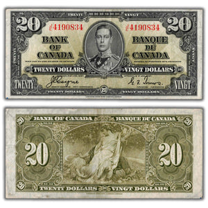 SOLD $20 1937 Bank of Canada Note Coyne-Towers J/E Prefix BC-25c - VF