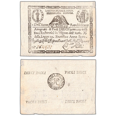 Italy Repubblica Romana Year 7 (1798) 10 Paoli Note P #S540a - EF+