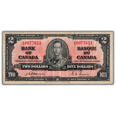 $2 1937 Bank of Canada Note Osborne Signature BC-22a - Rough Back