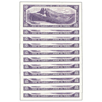 SOLD $10 1954 Bank of Canada Notes V/T Prefix BC-40b - 11 Consecutive (10XUNC, 1XAU)