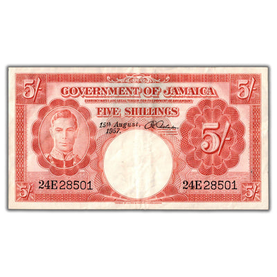 Jamaica 1957 5 Five Shillings Note P #37b - VF+