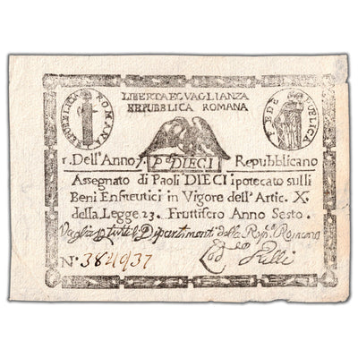 Italy Repubblica Romana Year 7 (1798) 10 Paoli Note P #S540a - EF+