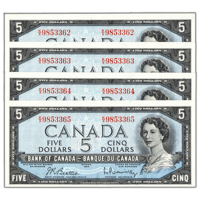 $5 1954 Bank of Canada Notes K/X Prefix BC-39b - 4 Consecutive AU/UNC
