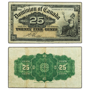 SOLD 25 Cents 1900 Dominion of Canada Shinplaster Note DC-15b - F/VF (pinhole)