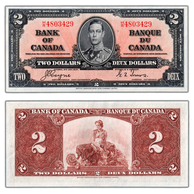 $2 1937 Bank of Canada Note Coyne-Towers H/R Prefix BC-22c - AU (edge tear)