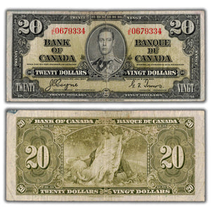 SOLD $20 1937 Bank of Canada Note Coyne-Towers J/E Prefix BC-25c - VG/F