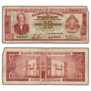 SOLD Honduras 1965 10 Ten Lempiras Note P #52b - Missing Corner