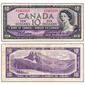 SOLD $10 1954 Bank of Canada Note Beattie-Coyne A/T Prefix BC-40a - VF