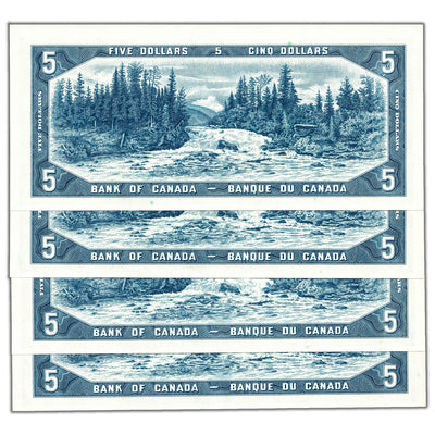 $5 1954 Bank of Canada Notes K/X Prefix BC-39b - 4 Consecutive AU/UNC