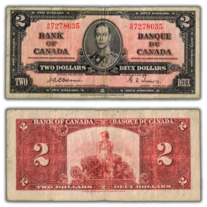 SOLD $2 1937 Bank of Canada Note Osborne Signature A/B Prefix BC-22a - Fine