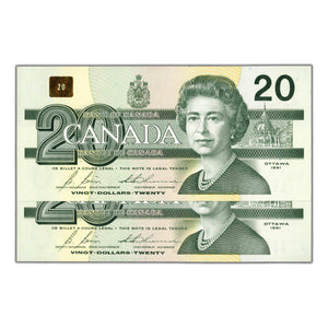 SOLD $20 1991 Bank of Canada Notes EVC Prefix w/BPN BC-58b - 2 Consecutive - Ch UNC