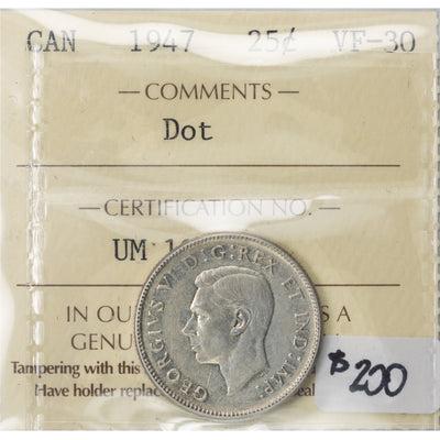 SOLD Canada 1947 Dot 25 Cents Quarter Silver Coin - ICCS VF-30