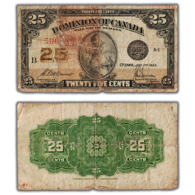 25 Cents 1923 Dominion of Canada Shinplaster Note DC-24c - Soiled