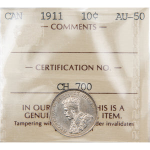 Canada 1911 10 Cents Dime Silver Coin - ICCS AU-50