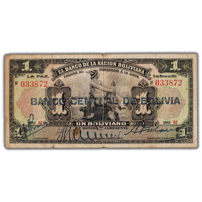 SOLD Bolivia 1929 One Boliviano Note P #112 (2-2)