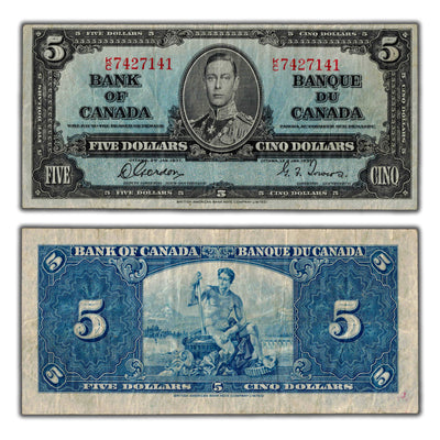 $5 1937 Bank of Canada Note Gordon-Towers K/C Prefix BC-23b - F/VF