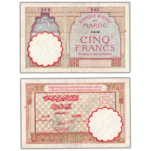 SOLD Morocco 1922 5 Five Francs Note P #23 - VF