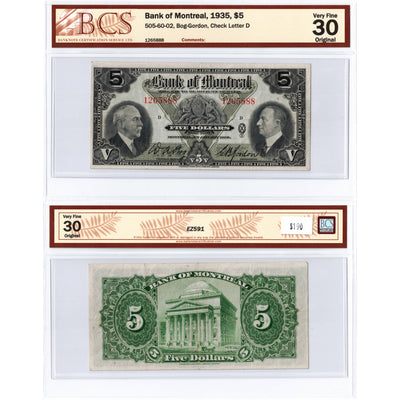 SOLD $5 1935 Bank of Montreal Canada Chartered Note #505-60-02 - BCS VF-30