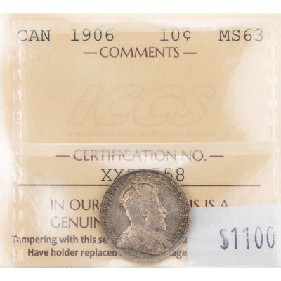 SOLD Canada 1906 10 Cents Dime Silver Coin - ICCS MS-63