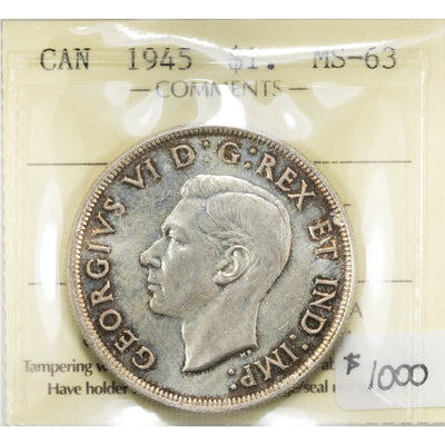 SOLD Canada 1945 $1 Silver Dollar Coin - ICCS MS-63