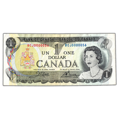 SOLD $1 1973 Bank of Canada Note BCJ Prefix Low Serial #56 - Small Tear