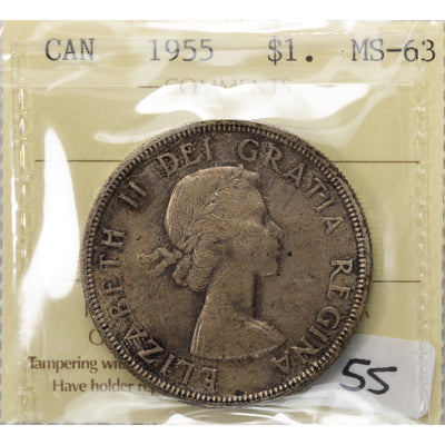 SOLD Canada 1955 $1 Silver Dollar Coin - ICCS MS-63