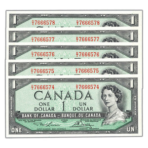 SOLD $1 1954 Bank of Canada Notes D/I Prefix BC-37d - 5 Consecutive Choice Uncirculated