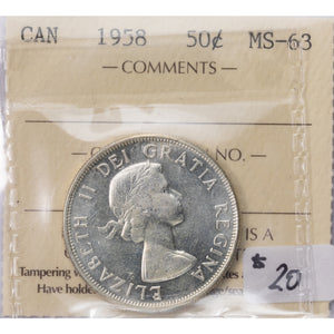 SOLD Canada 1958 50 Cents Half Dollar Silver Coin - ICCS MS-63