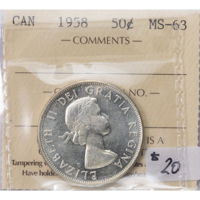 SOLD Canada 1958 50 Cents Half Dollar Silver Coin - ICCS MS-63
