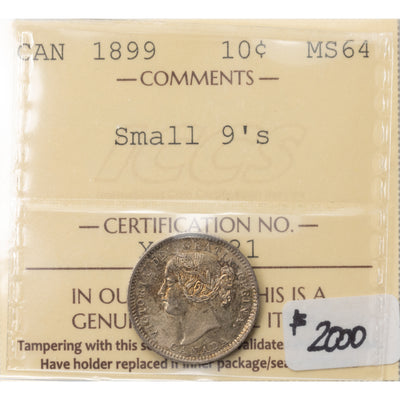 SOLD Canada 1899 Small 9's 10 Cents Dime Silver Coin - ICCS MS-64