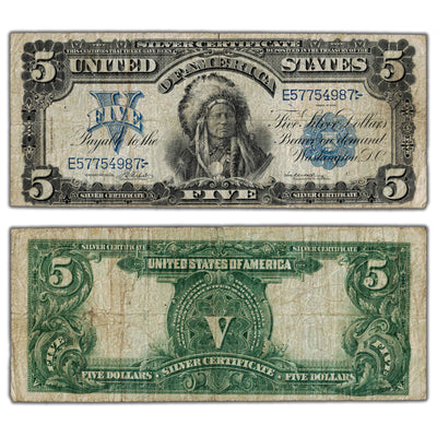 SOLD United States 1899 $5 Five Dollar Silver Certificate "Chief" Note - Pinholes