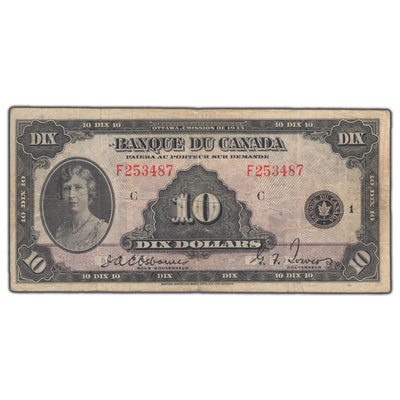 SOLD $10 1935 Banque Du Canada Note French Text BC-8 - F/VF