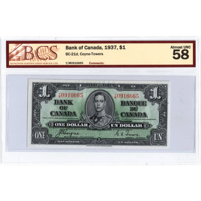 $1 1937 Bank of Canada Note Coyne-Towers Y/M Prefix BC-21d - BCS AU-58