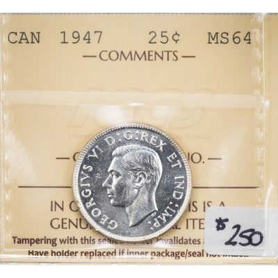 SOLD Canada 1947 25 Cents Quarter Silver Coin - ICCS MS-64