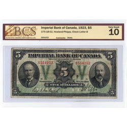 SOLD $5 1923 Imperial Bank of Canada Chartered Note #375-18-02 - BCS VG-10
