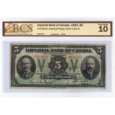 SOLD $5 1923 Imperial Bank of Canada Chartered Note #375-18-02 - BCS VG-10