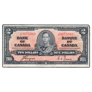 SOLD $2 1937 Bank of Canada Note Coyne-Towers J/R Prefix BC-22b