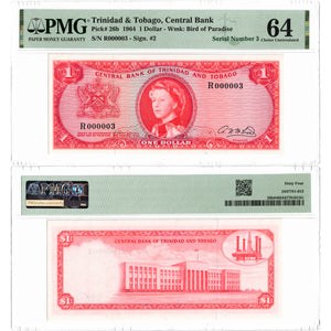 Trinidad & Tobago 1964 $1 One Dollar Note P #26b - Low Serial #3 - PMG Ch UNC-64