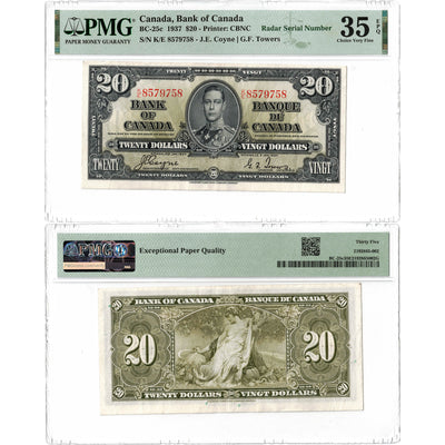 $20 1937 Bank of Canada Note Radar Serial 8579758 BC-25c - PMG VF-35 EPQ