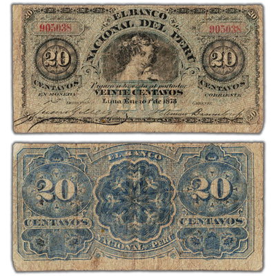 SOLD Peru Banco Nacional 1873 20 Centavos Note P #S301 - Filler (small pinholes)
